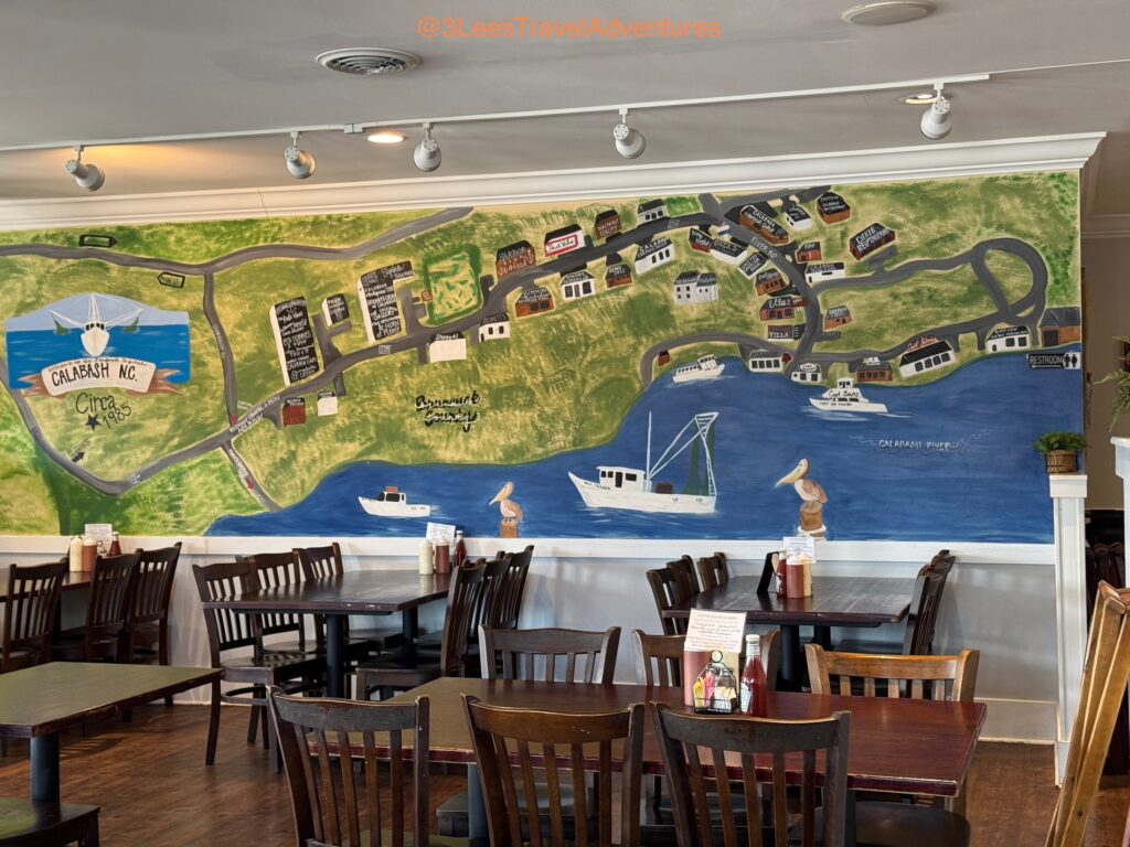 Adorning one of the Large Interior Restaurant Walls, at Beck’s Original Calabash is a Beautiful Hand Painted Mural of the Calabash, NC Area.