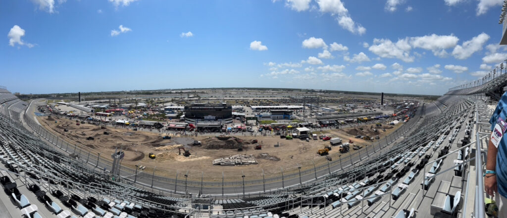 View of the Jeep Beach 2025 Vendor Show from the Rolex Lounge Patio at Daytona International Speedway.