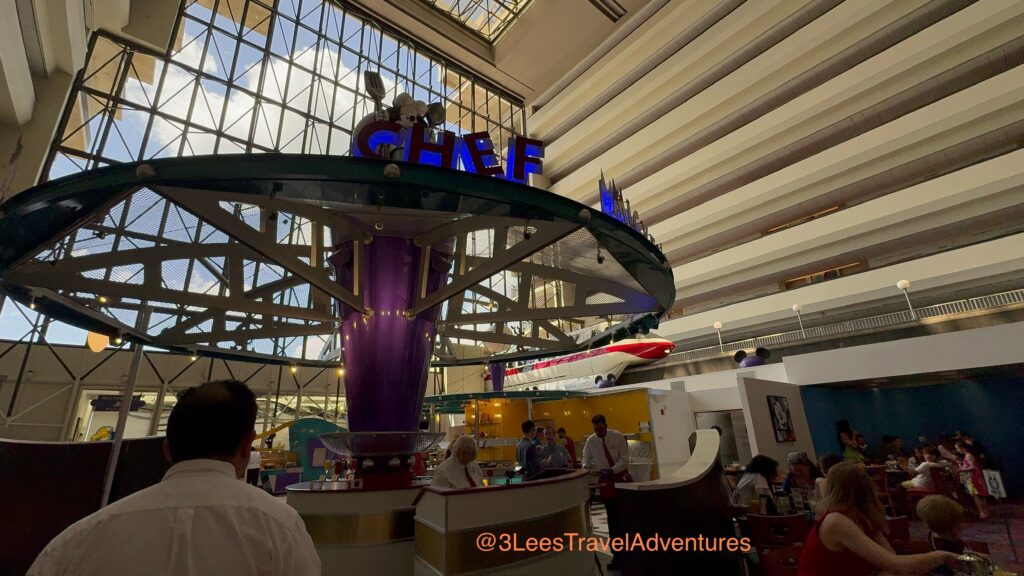 The Walt Disney World Monorail Arriving at Disney’s Contemporary Resort, which is visible from part of the Chef Mickey’s Restaurant.