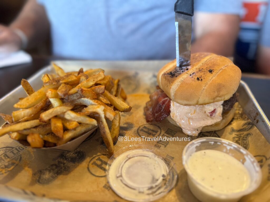 The Daisy Burger comes with House Made Pimento Cheese and Thick Cut Bacon at 1720 Burger Bar in Florence, SC.