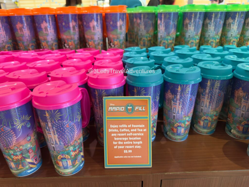 Disney Rapid Fill Refillable Mugs can be a great addition to your trip. They can be purchased in the Resort's Food Court, such as Intermission Food Court at Disney's All-Star Music Resort. The Mugs Designs are Walt Disney World Themed, and make a Great Keepsake that you can use at home. (Mug Designs and Price are Subject to Change)