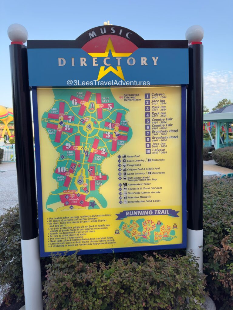 A Directory of Disney's All-Star Music Resort featuring the Different Themed Sections, Pools, and Melody Hall. It also highlights Disney's All-Star Resorts Running Trail.
