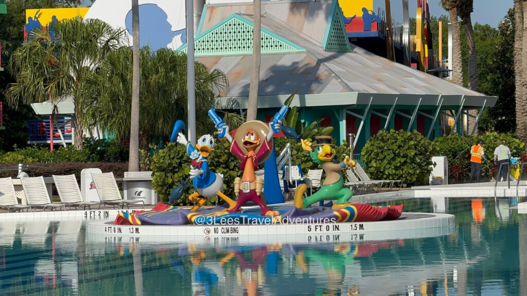 "The Three Caballeros" bring the Spray to the Guitar Pool at Disney's All-Star Music Resort.