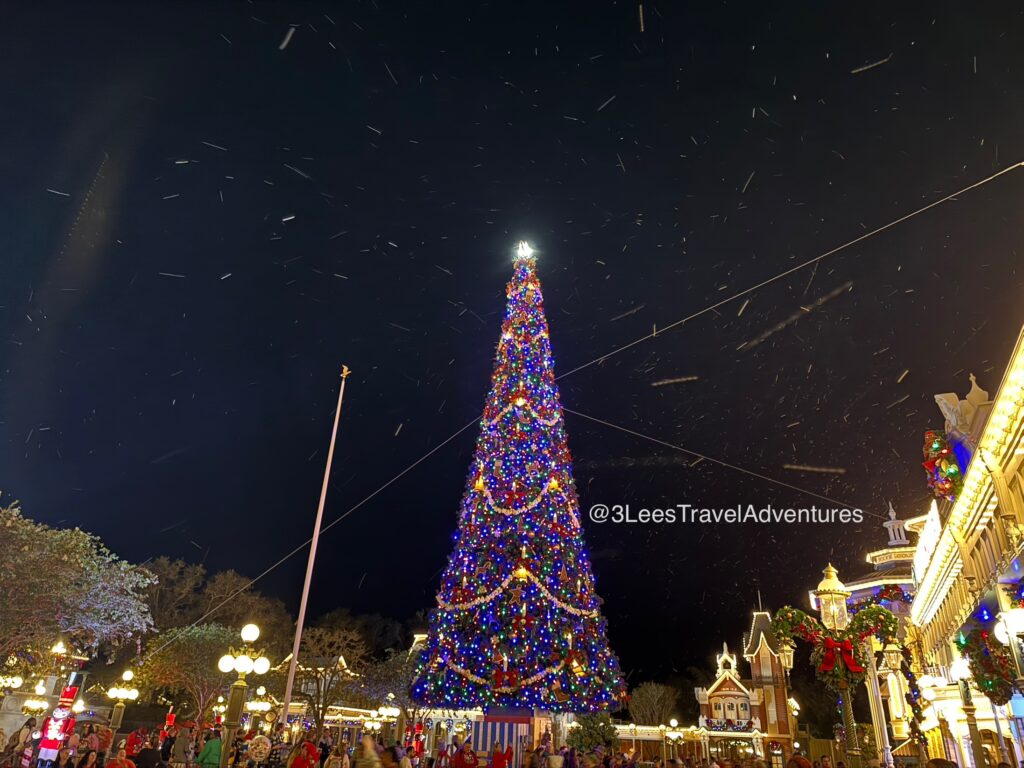 The Magic Kingdom Christmas Tree lit up at night is Beautiful. Add to that Snow in the Magic Kingdom on Main Street, U.S.A. and you have 3 Lee's Travel Adventures' favorite time of the year at our favorite place in one picture.
