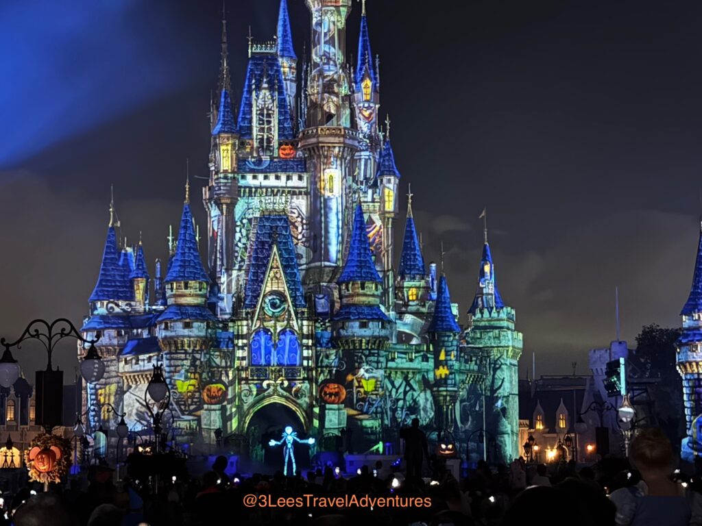 Jack Skellington takes to the Cinderella's Castle Forecourt Stage as the Host of a Exhilarating Journey during Disney's Not-So-Spooky Spectacular at Mickey's Not-So-Scary Halloween Party.