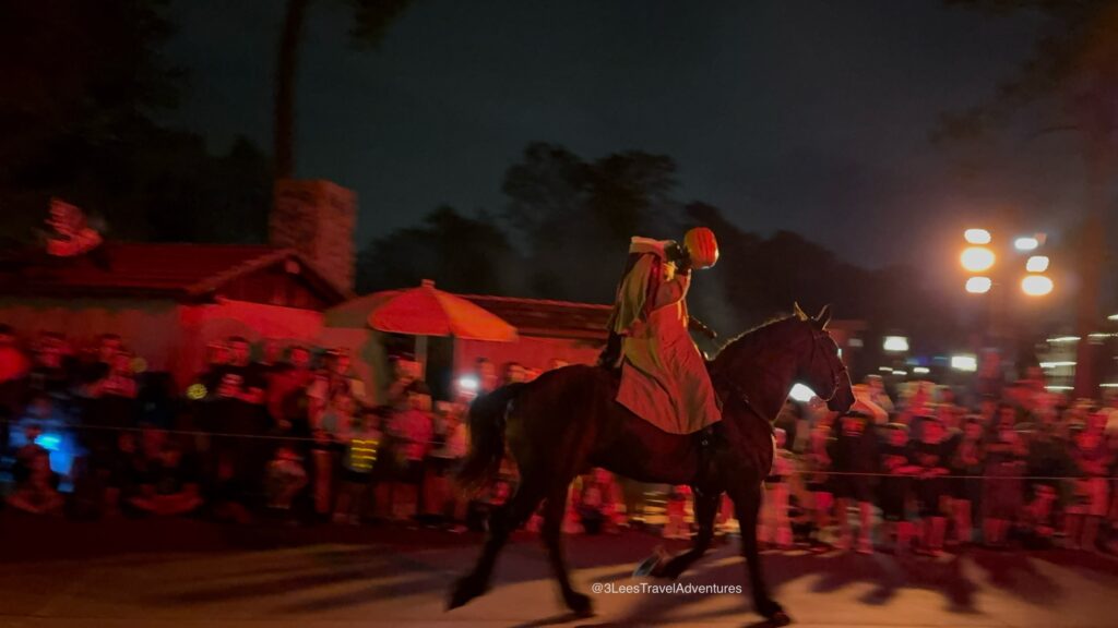 The Headless Horseman Rides through the Magic Kingdom during Mickey's Not-So-Scary Halloween Party. (Weather Permitting)