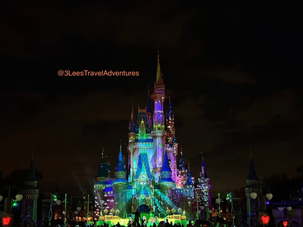 Cinderella's Castle is the backdrop from many Frightful Favorites during Mickey's Not-So-Scary Halloween Party, including A Hocus Pocus Villains Spelltacular, and Disney's Not-So-Spooky Spectacular.