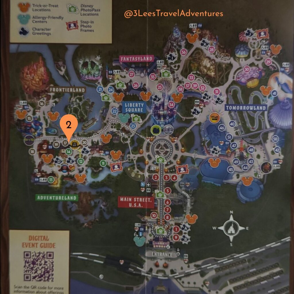 3 Lee's Travel Adventures watched the 8:15 pm Mickey's "Boo-to-You" Halloween Parade from in front of the Frontier Trading Post in 2024.