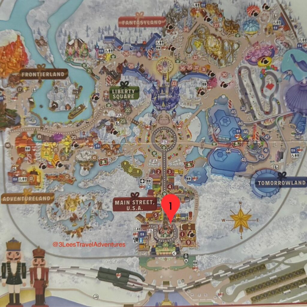 3 Lee's Travel Adventures choose to watch the Mickey's Very Merry Christmas Party Parade from in front of the Main Street Confectionery across from the Christmas Tree in 2023.