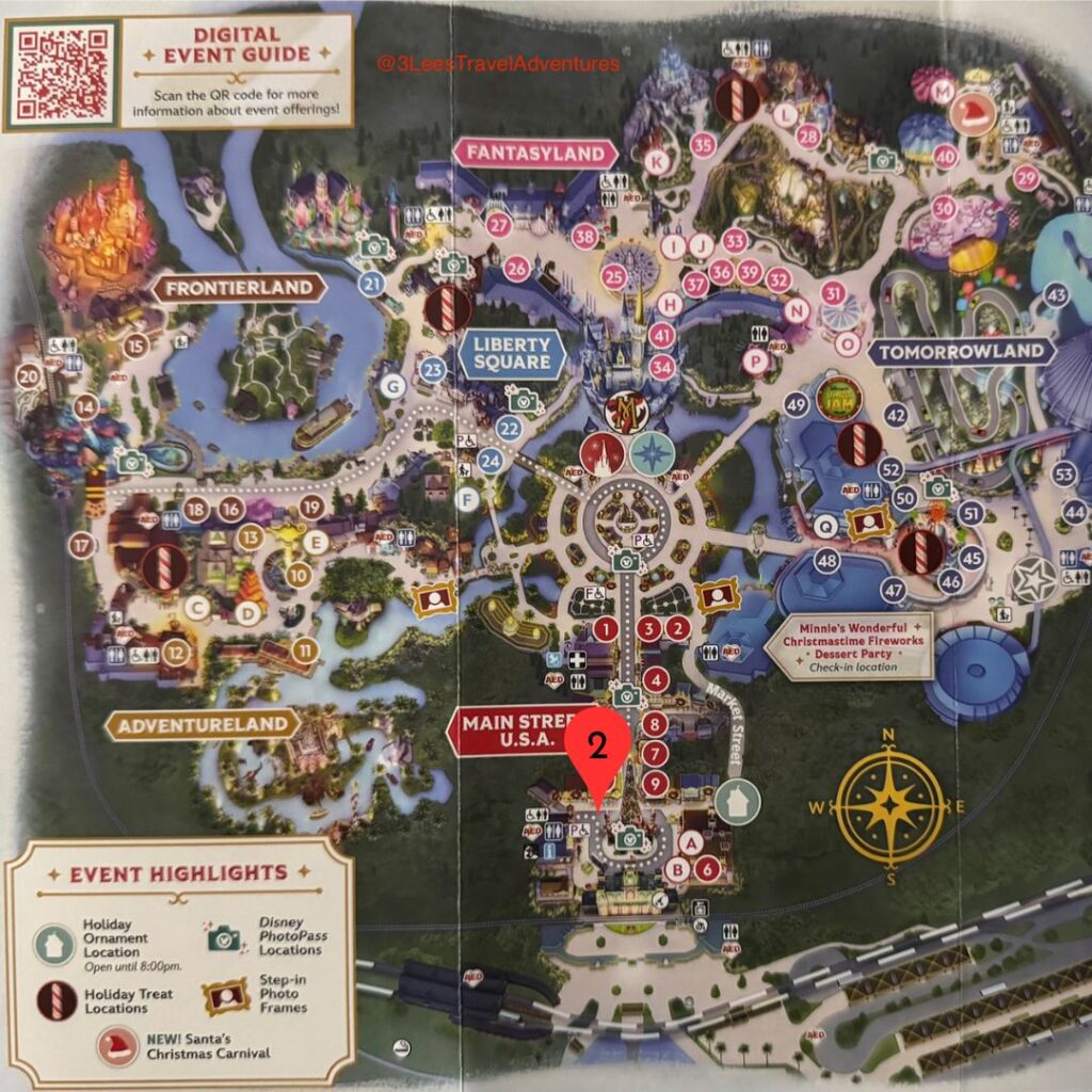 3 Lee's Travel Adventures choose to watch the Mickey's Once Upon a Christmastime Parade from in front of the Emporium across from the Fire Station in 2024.