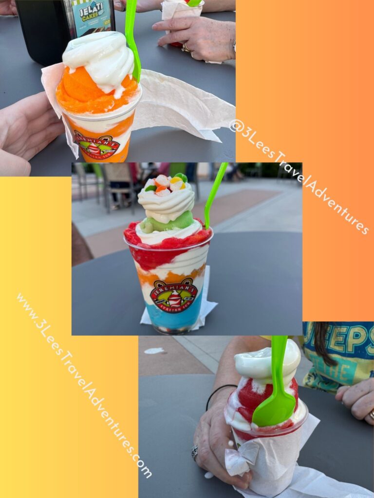 We, 3 Lee's Travel Adventures, kicked off our Vacation with Jelati: Orange Smash, Strawberry, and Rainbow Crunch from Jeremiah's Italian Ice in Daytona Beach.