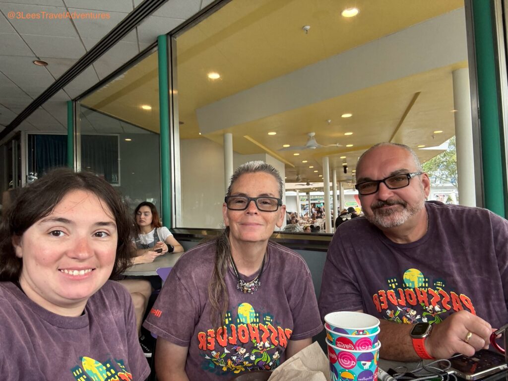 3 Lee's Travel Adventures taking a break before our Mickey's Not-So-Scary Halloween Party in the Cosmic Ray's Starlight Cafe.