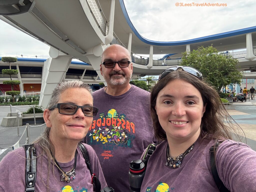 We, 3 Lee's Travel Adventures, choose to get our Mickey's Not-So-Scary Halloween Party Wristbands from the Distribution Location in Tomorrowland. On Our Party Night, August 24, 2025, it was in front of Buzz Lightyear's Space Ranger Spin.