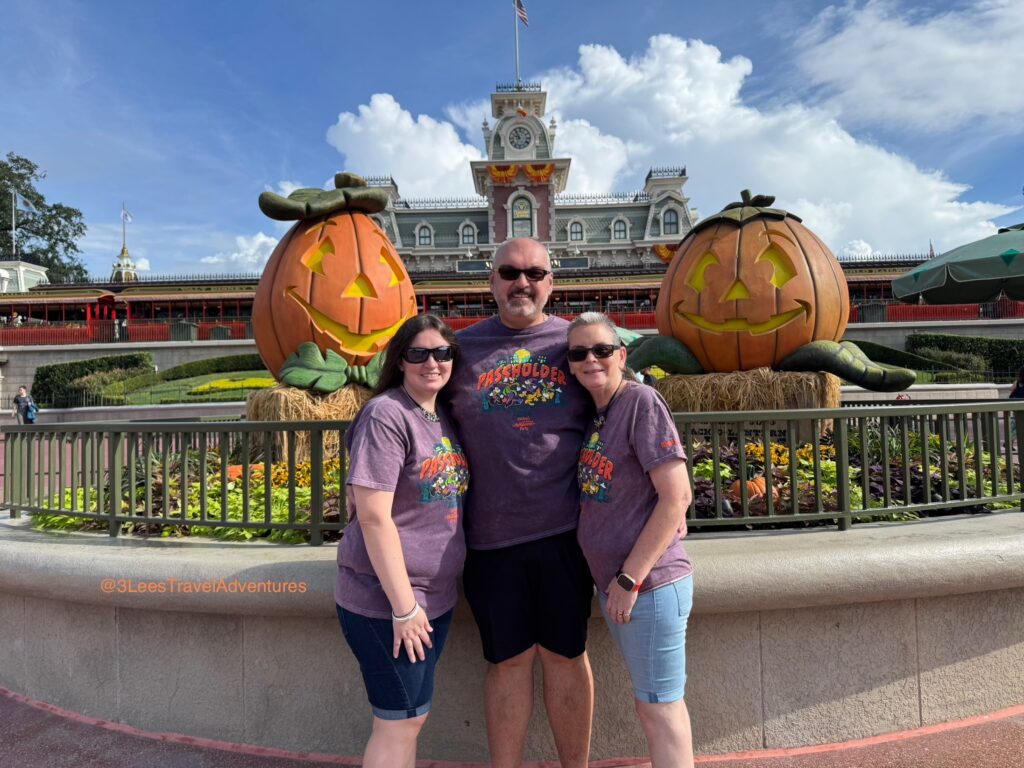 We, 3 Lee's Travel Adventures, enjoy walking up to the Magic Kingdom and seeing these two pumpkins out front.