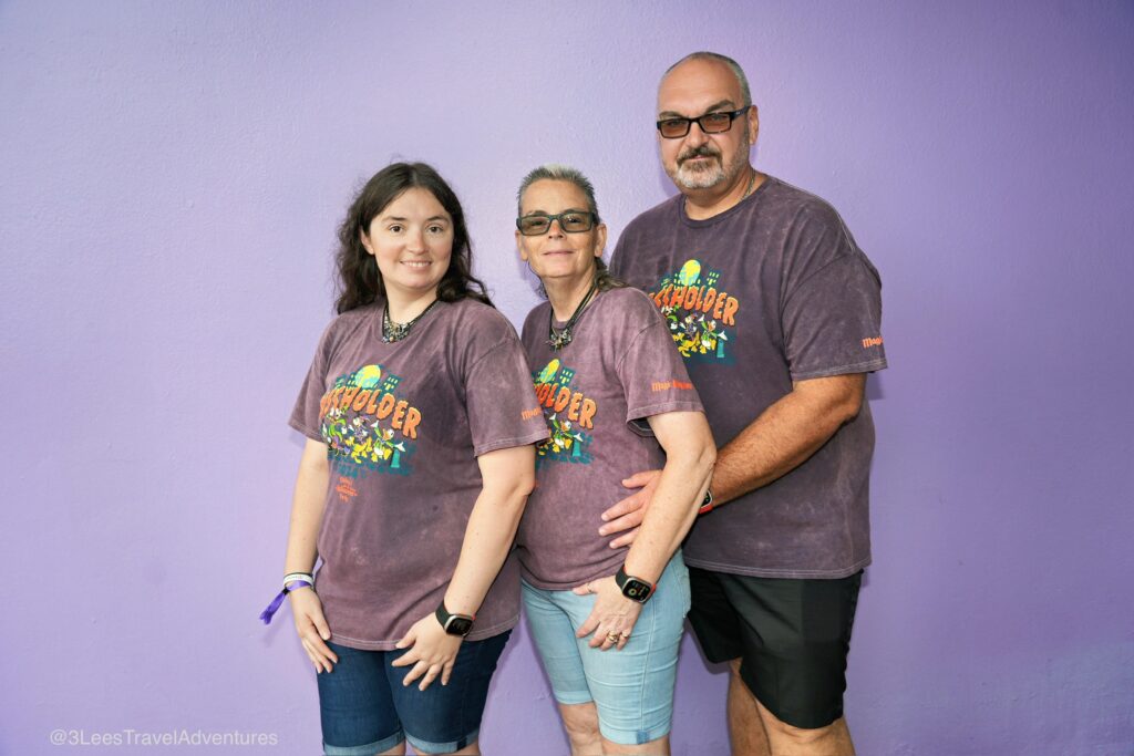 We, 3 Lee's Travel Adventures, were excited to get our photo taken at the famous Purple Wall in the Magic Kingdom. This was another bonus we got on August 24, 2025, thanks to the rain.