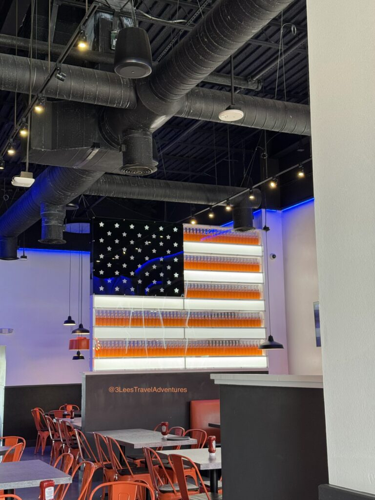 We, 3 Lee's Travel Adventures, LOVE an American Flag. And, we Love how neat this one is at the BurgerTen and ChickenToo in One Daytona. It is crafted out of Glass Soda Bottles.