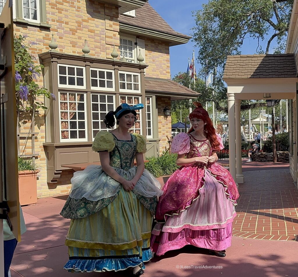 Anastasia and Drizella came strolling by on their way to greet Guests, while we were waiting to meet the Easter Bunnies in Liberty Square on April 20, 2025.
