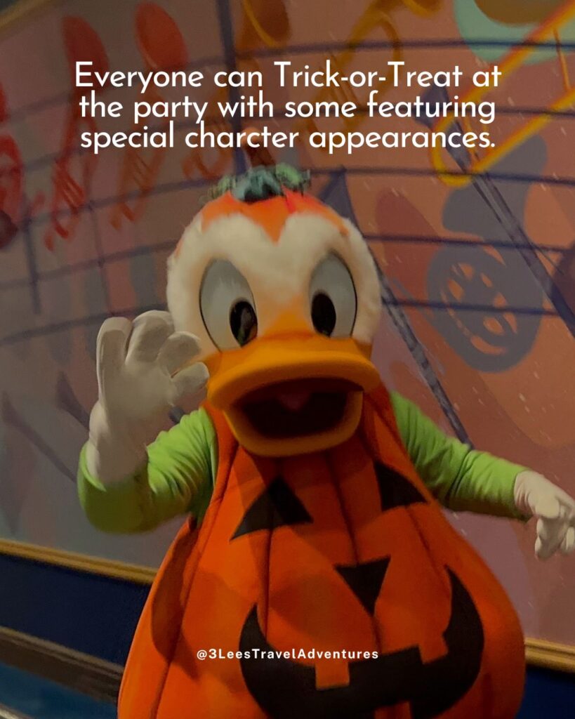 Everyone can trick-or-treat at Mickey's Not-So-Scary Halloween Party with some lines featuring special character appearances.