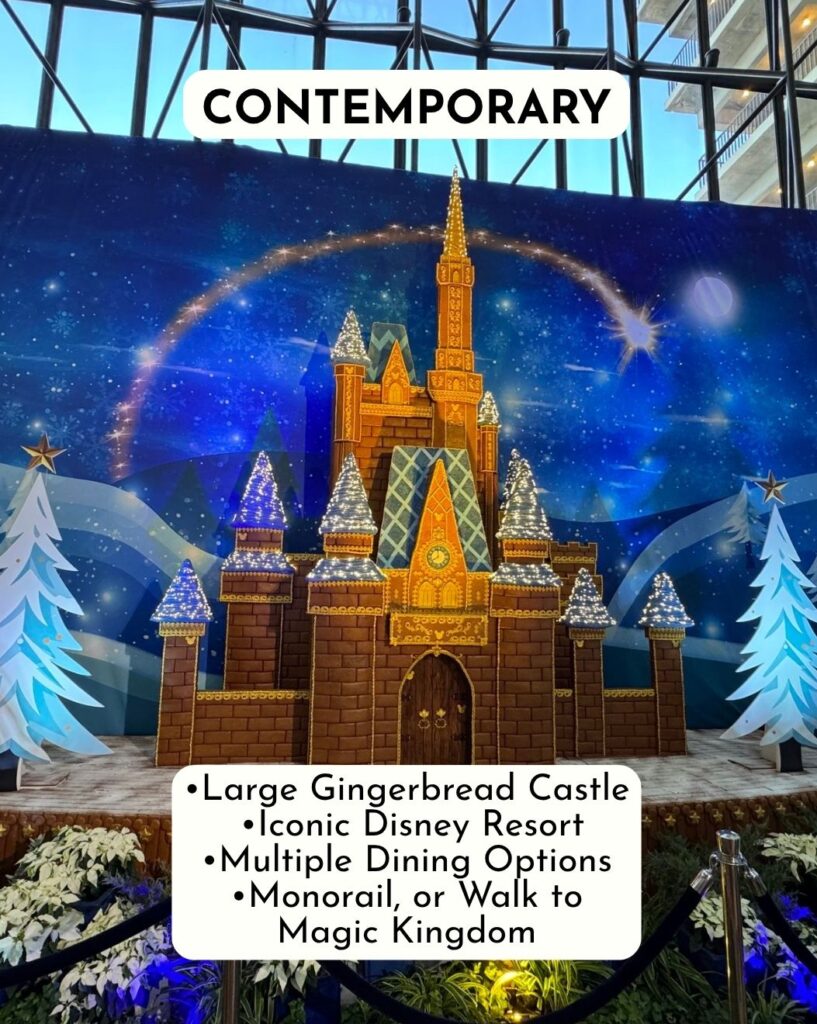 Epic Christmas Resort at Walt Disney World Disney's Contemporary Resort •Large Gingerbread Castle •Iconic Disney Resort •Multiple Dining Options •Monorail, or Walk to Magic Kingdom