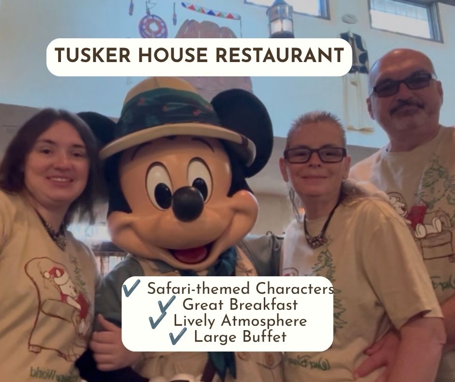 Tusker House Restaurant •Safari-themed Characters •Great Breakfast •Lively Atmosphere •Large Buffet