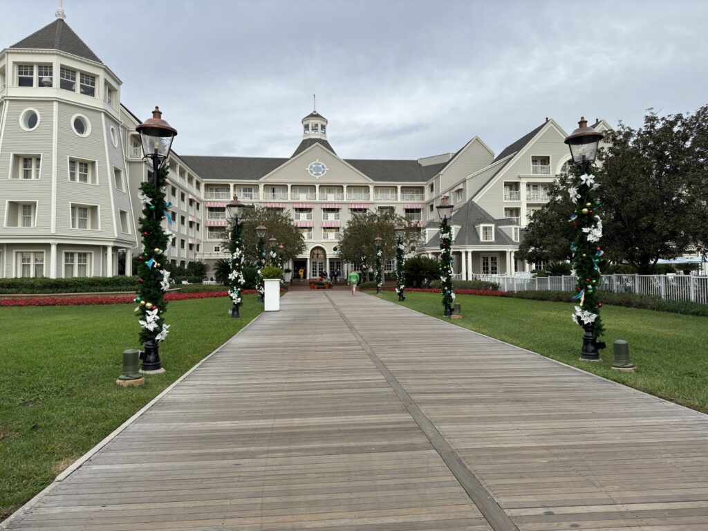 The Entrance Walkway, near Crescent Lake, to Disney's Yacht Club Resort decorated for Christmas